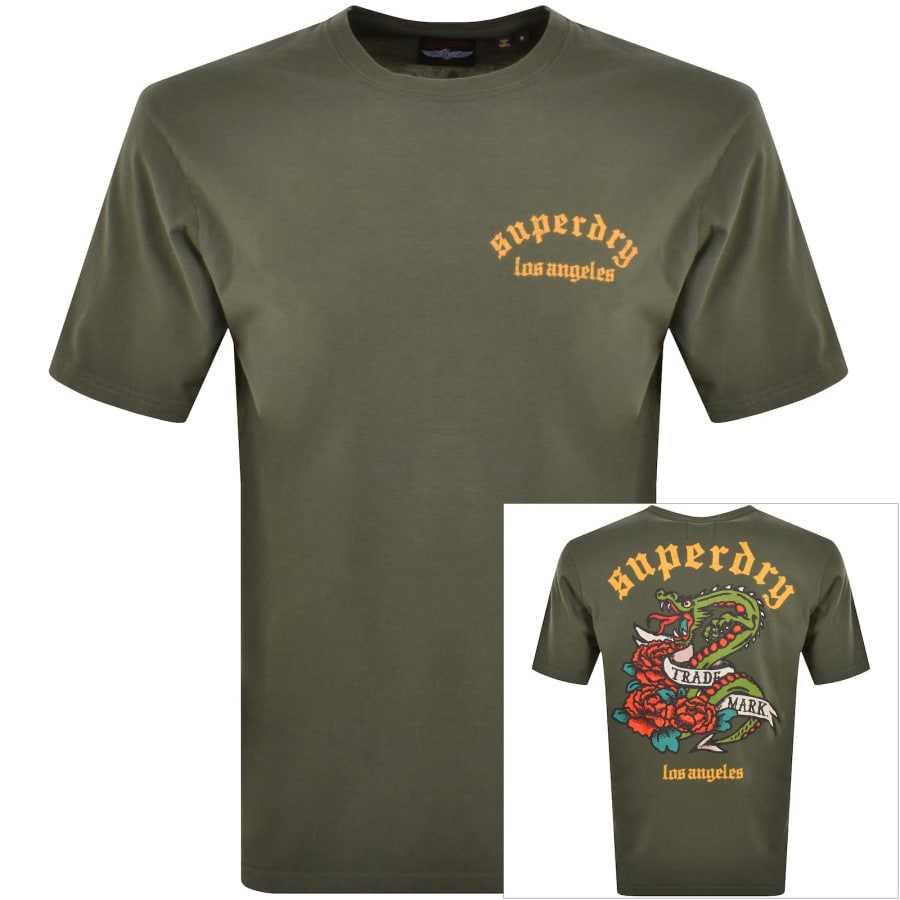 Superdry Dark Grey Green 100 Cotton Tattoo Graphic Loose T Shirt Mens